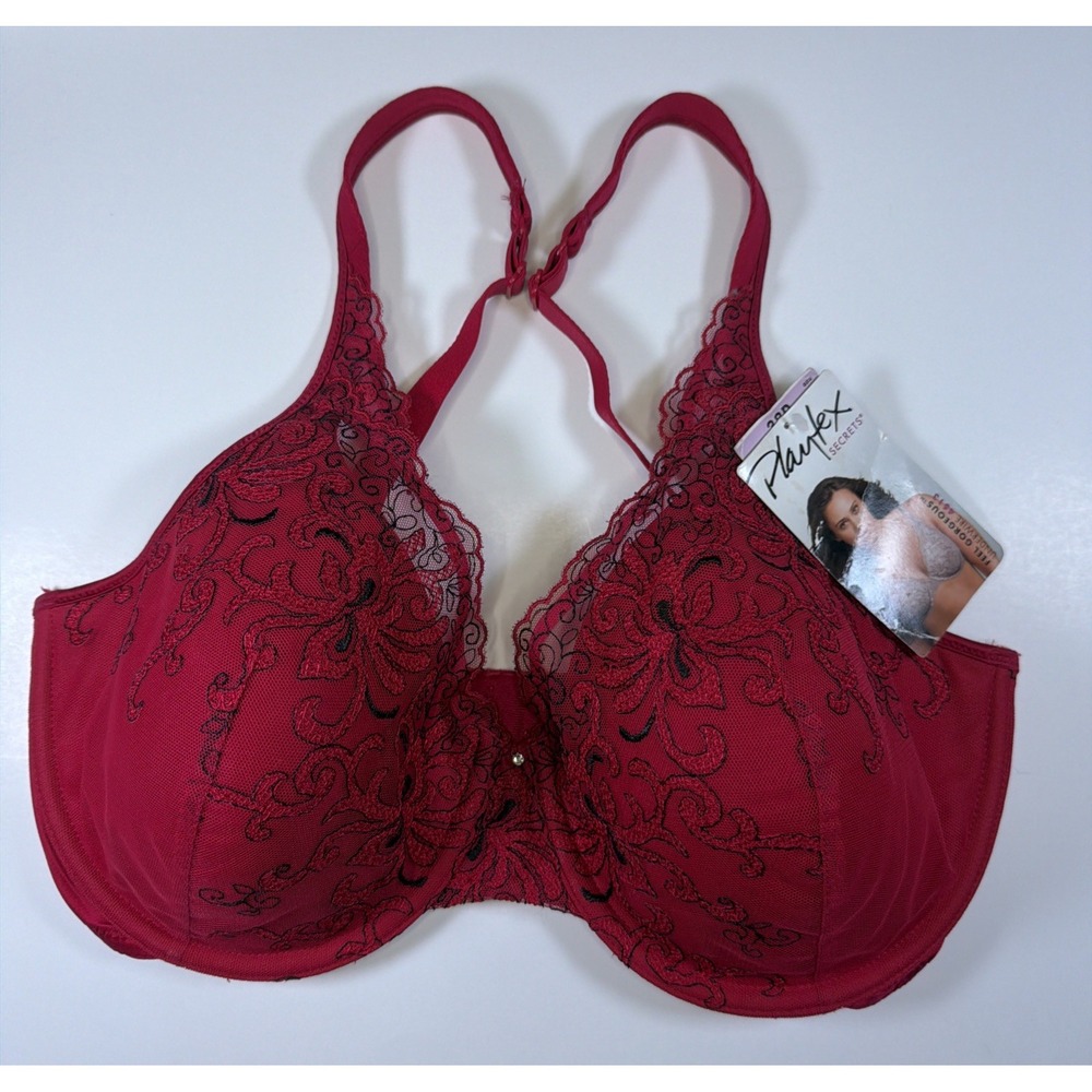 Playtex Secrets Bra 38D Red Embroidered Underwire US4513 Lifts Supports New